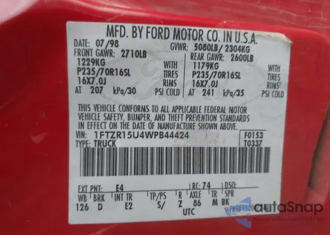 1998 Ford Ranger Splash/Xl/Xlt из США, поврежденный, VIN 1FTZR15U4WPB44424